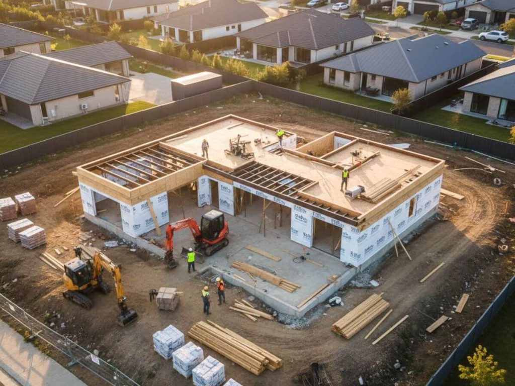Aerial View of Modern Home Construction “Residential construction project in Los Angeles showing design-build efficiency and sustainable home development.”